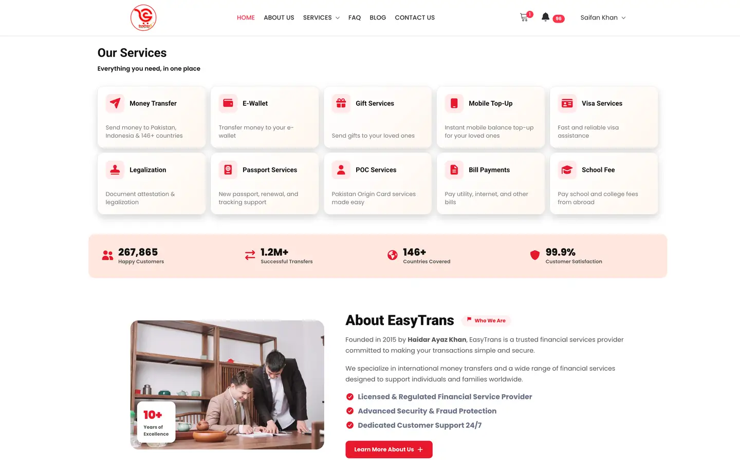 EasyTrans financial services website developed by Encoder Technologies — view 2