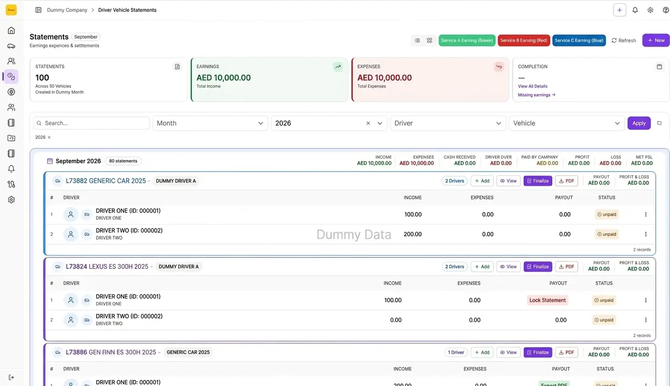 RidePay fleet management dashboard for drivers vehicles statements and operations — view 3