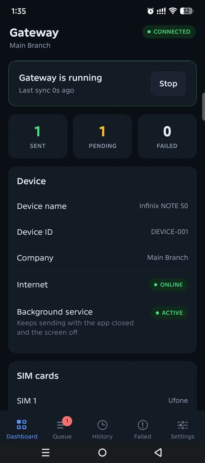 SimTriggerr custom SMS gateway sending messages from a physical SIM — view 4