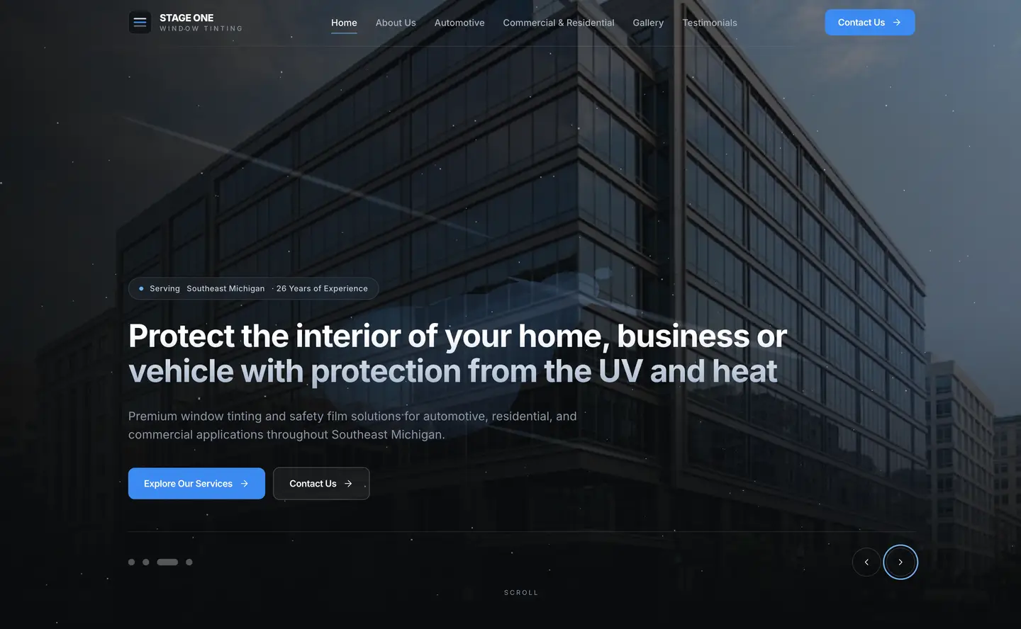 Stage One Window Tinting website for automotive commercial and residential film — view 1