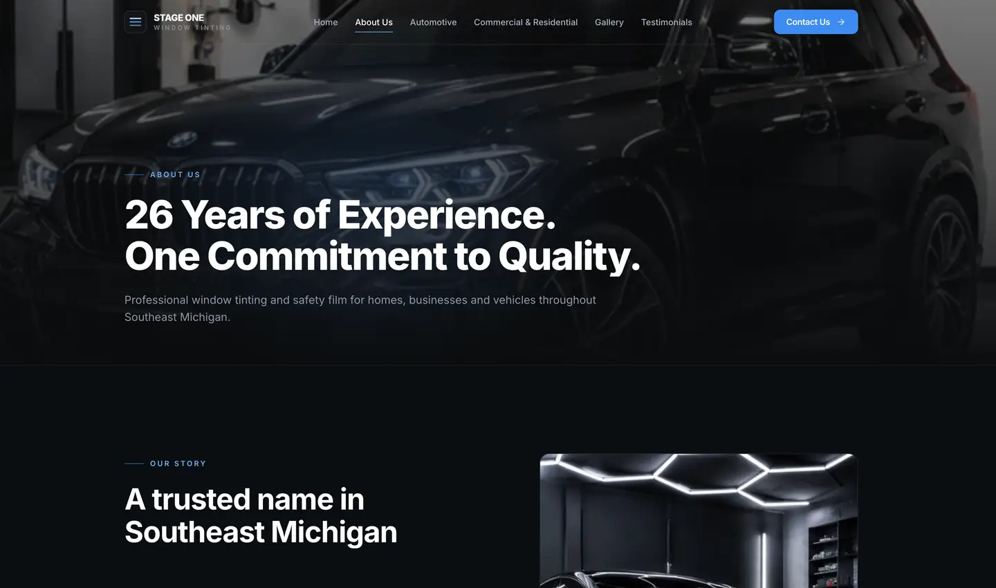 Stage One Window Tinting website for automotive commercial and residential film — view 2