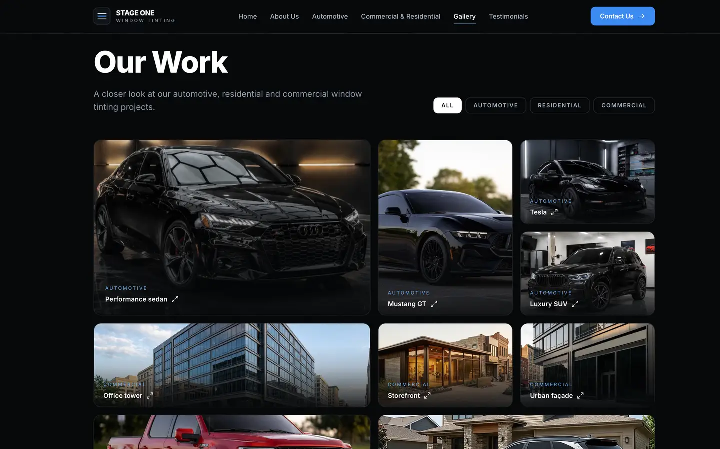 Stage One Window Tinting website for automotive commercial and residential film — view 3