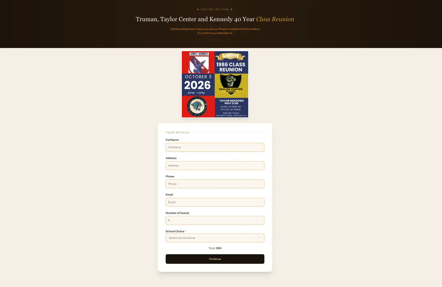 The 40 Year event ticket booking system with PayPal and Stripe checkout — view 1